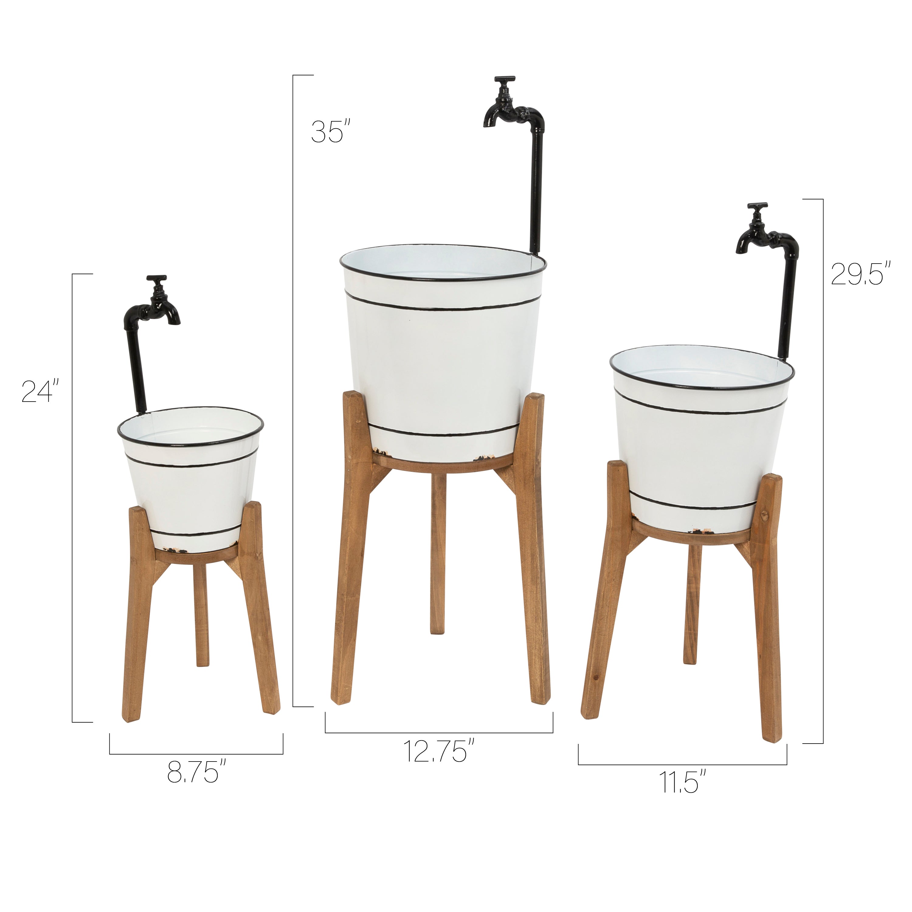 Set of 3 Rustic Metal Faucet Planters with Wooden Stand